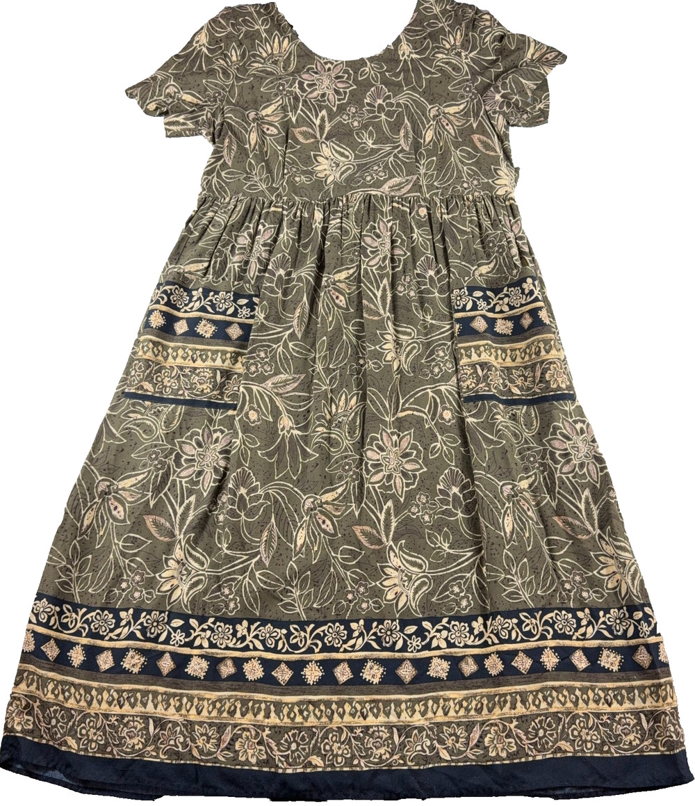 Molly Malloy Petite Maxi Dress Olive Floral Border Print Boho Pockets Tie Back